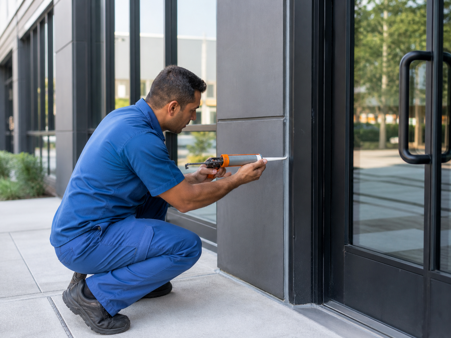 Worker repairing the exterior finish near a commercial entrance
