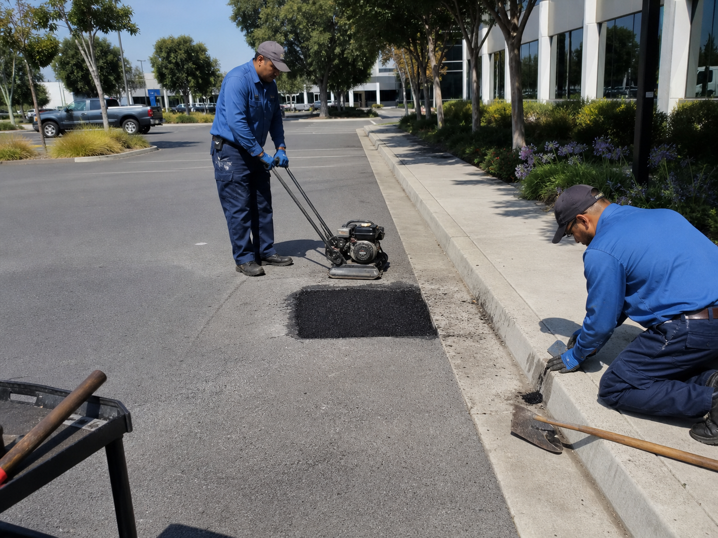 Crew repairing a pothole and curb in a commercial parking lot