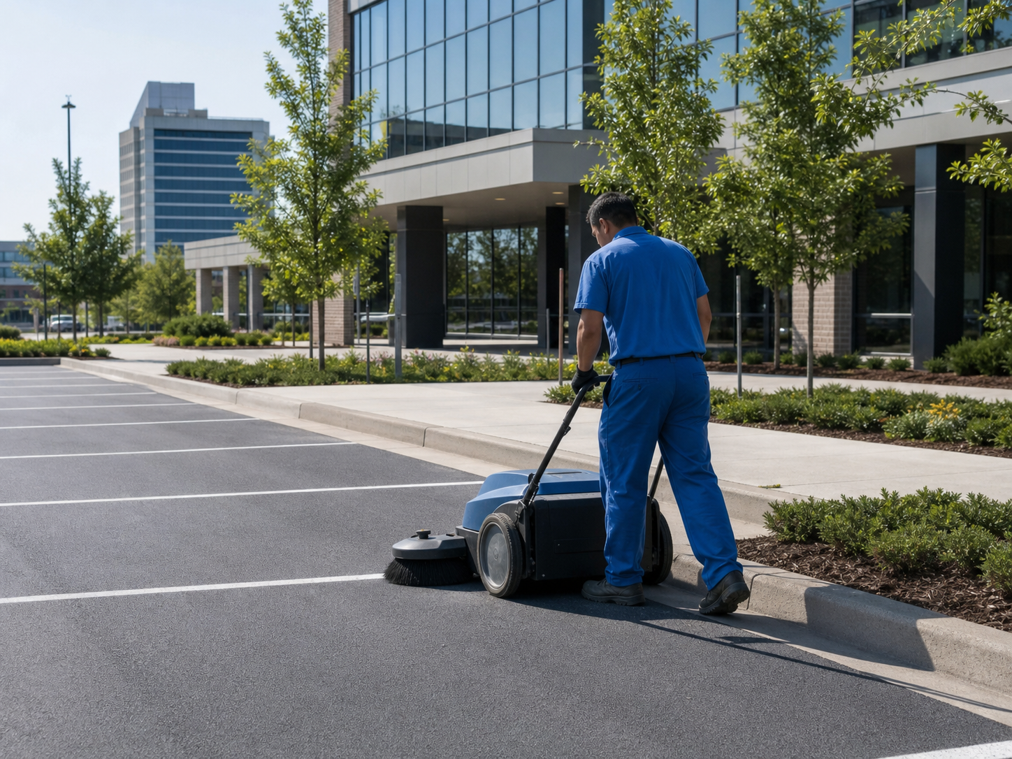 Worker sweeping a commercial parking lot beside a sidewalk