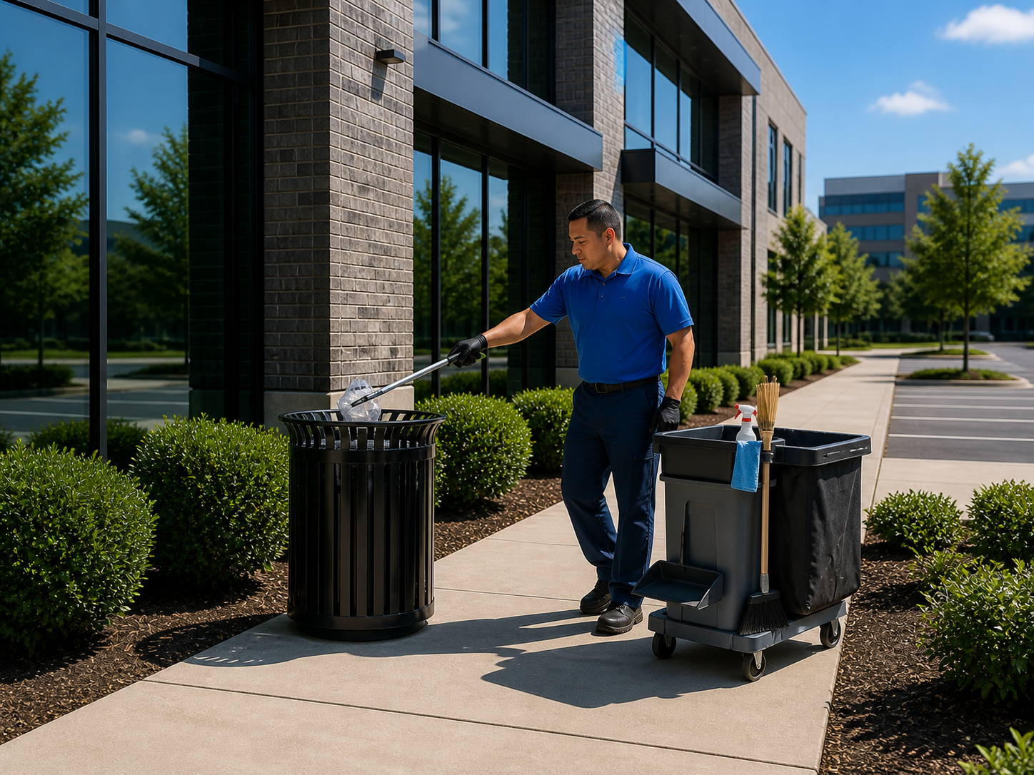 Commercial property porter servicing an exterior trash receptacle