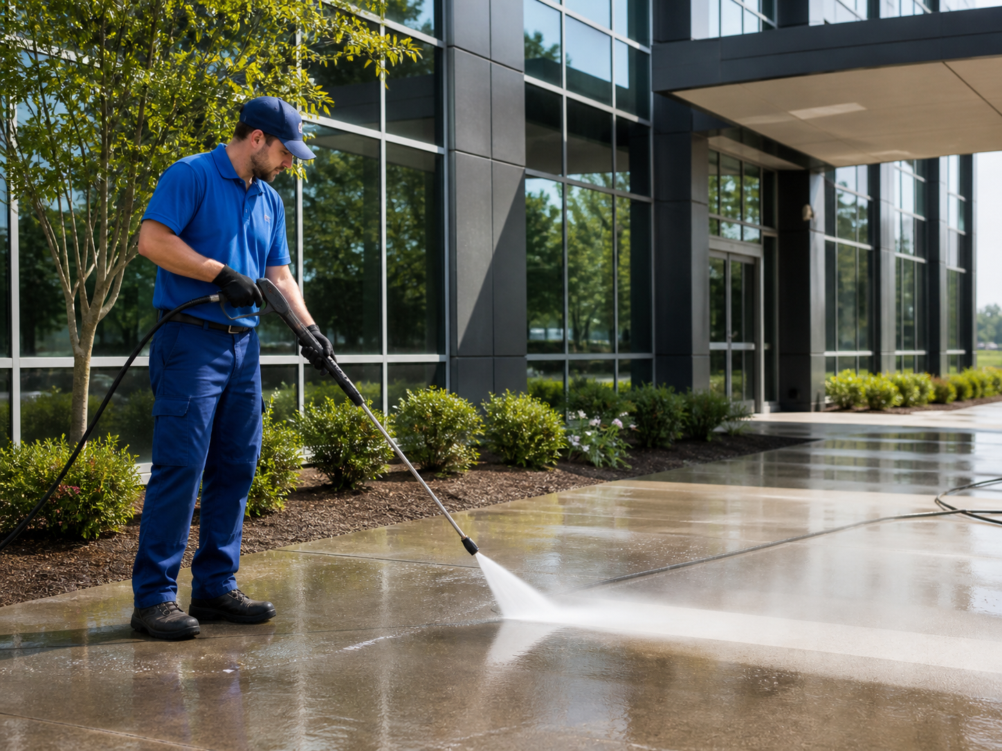 Worker pressure washing a commercial sidewalk