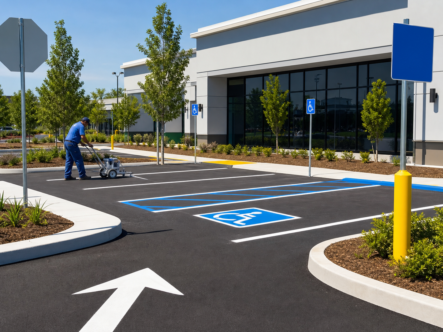 Commercial parking lot with fresh striping and newly placed signage